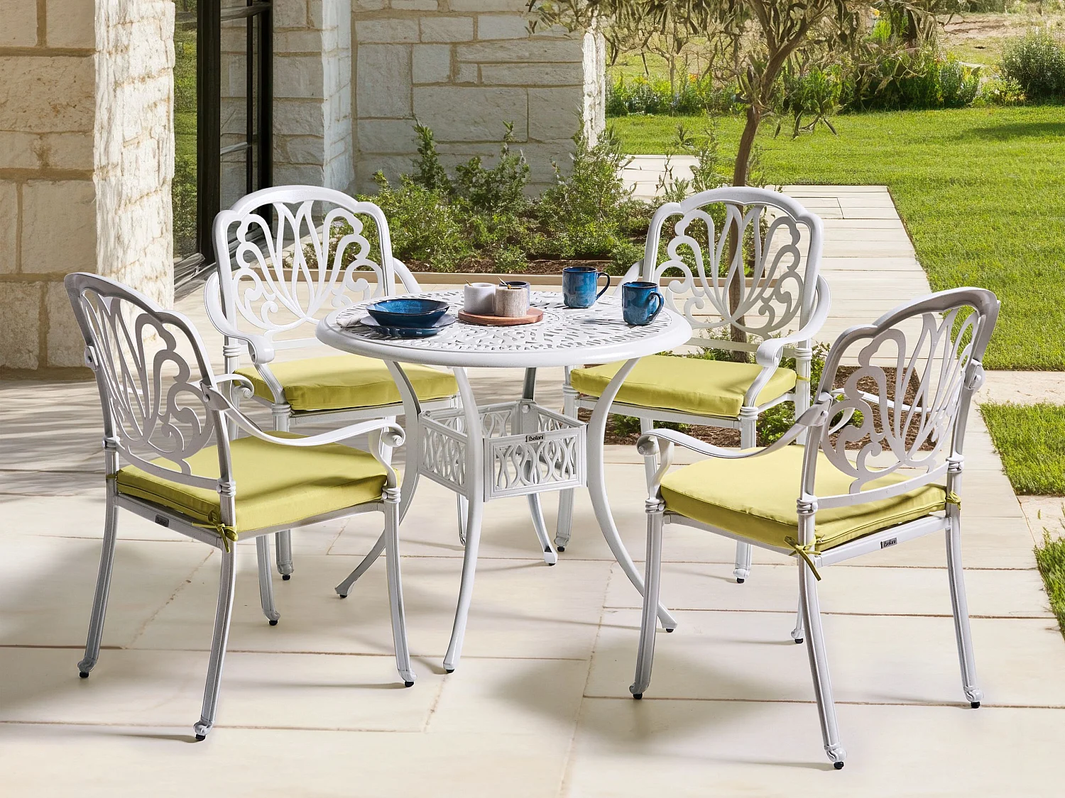 Balkonset Aluminium creme weiß Tisch mit 4 Stühlen und Sitzkissen Ancona