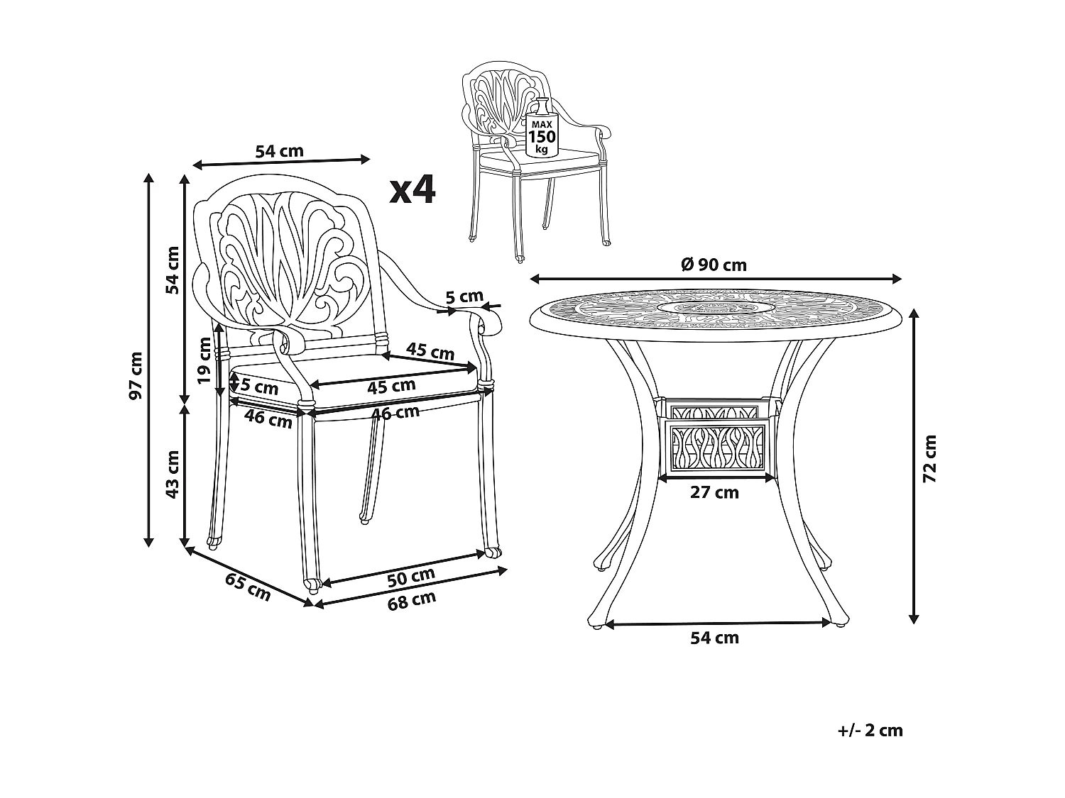 Salle à manger de jardin 4 places ANCONA avec coussins Métal Blanc cassé