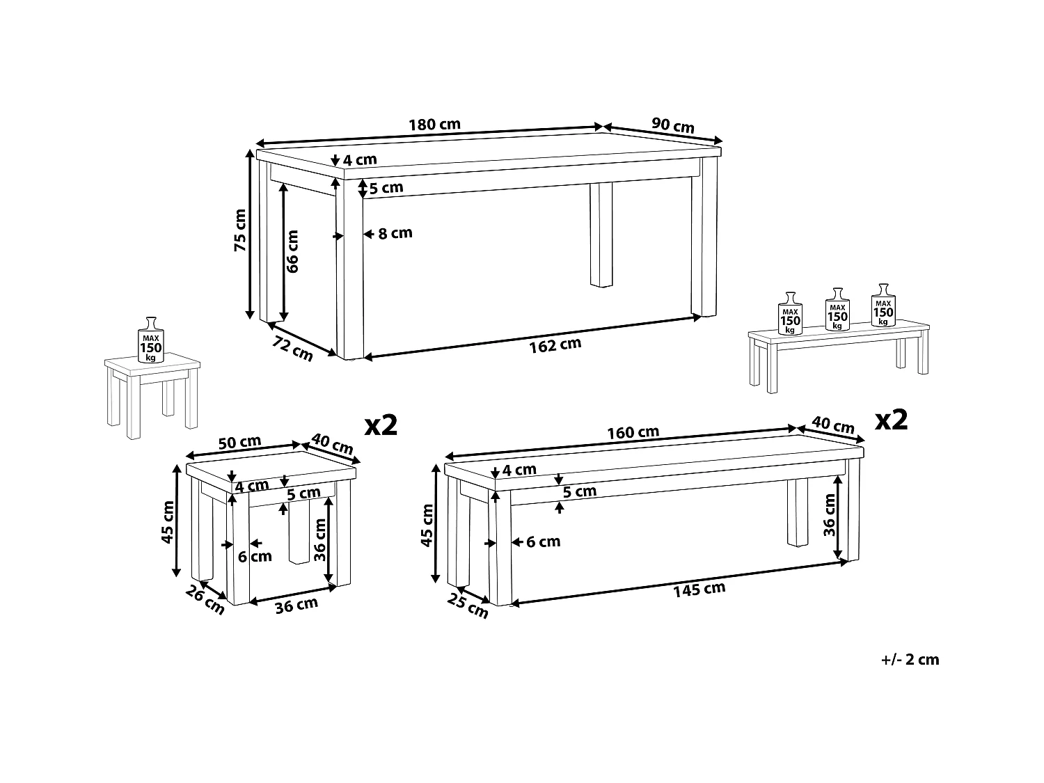 Gartenmöbel Set Faserzement Akazienholz Tisch 2 Bänke 2 Hocker grau Ostuni