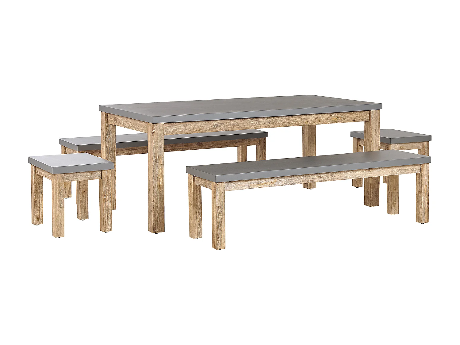 Gartenmöbel Set Faserzement Akazienholz Tisch 2 Bänke 2 Hocker grau Ostuni