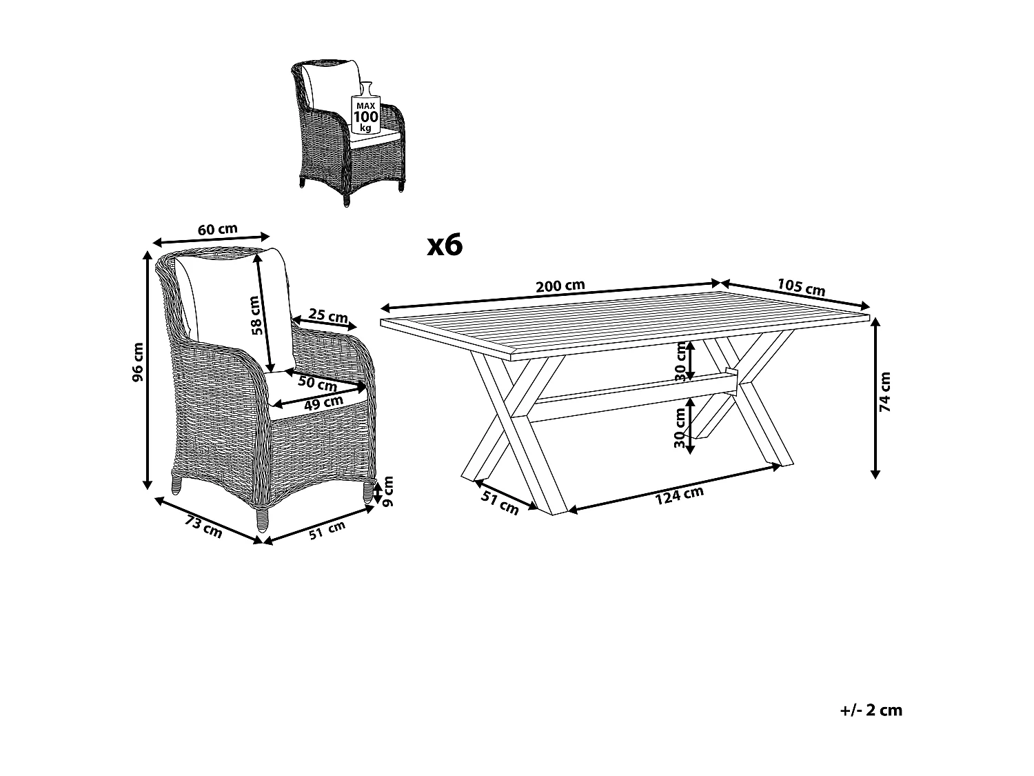 Conjunto de refeições de jardim 6 lugares CASCAIS com almofadas Cinzento