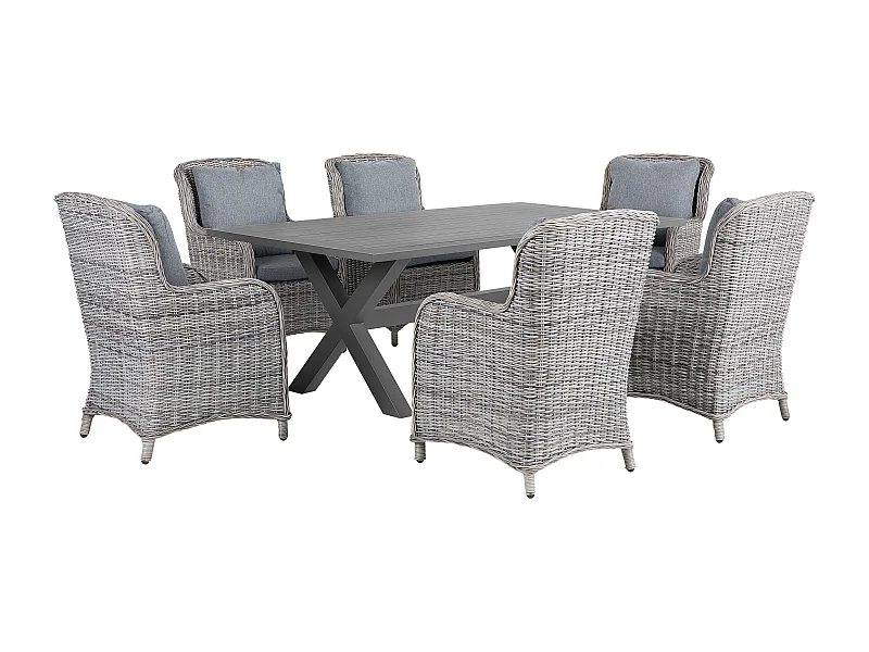 Gartenset Rattan grau Tisch mit 6 Sesseln Auflagen modernes Design Cascais