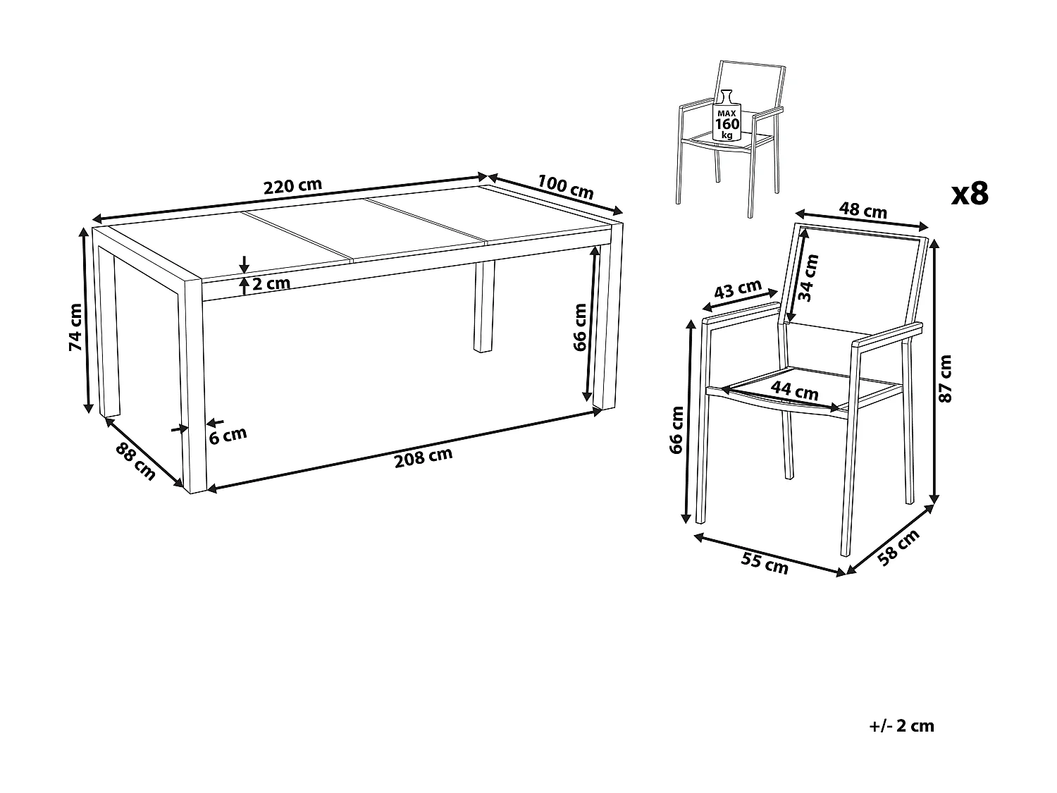 Tuinset 8-zitter GROSSETO Gebarsten glas Transparant/wit