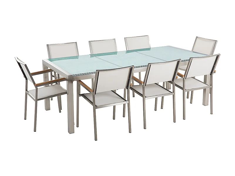 Salle à manger de jardin 8 places GROSSETO Verre fissuré Transparent/blanc