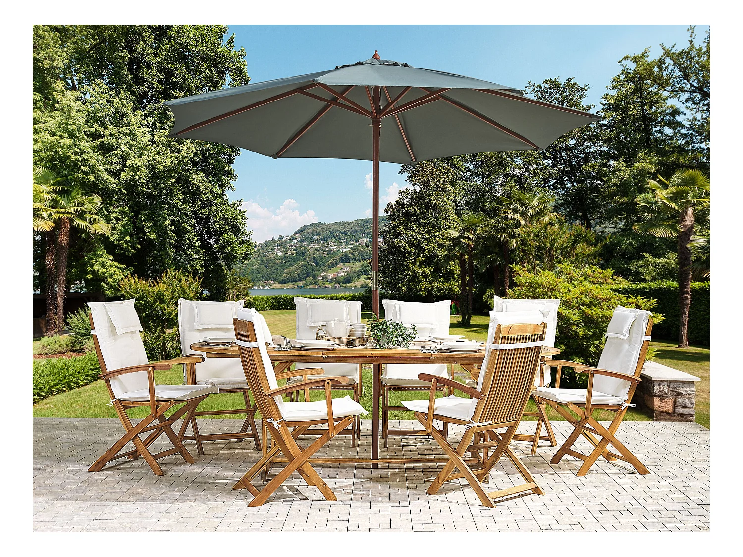 Salle à manger de jardin 8 places MAUI avec parasol Acacia Blanc cassé