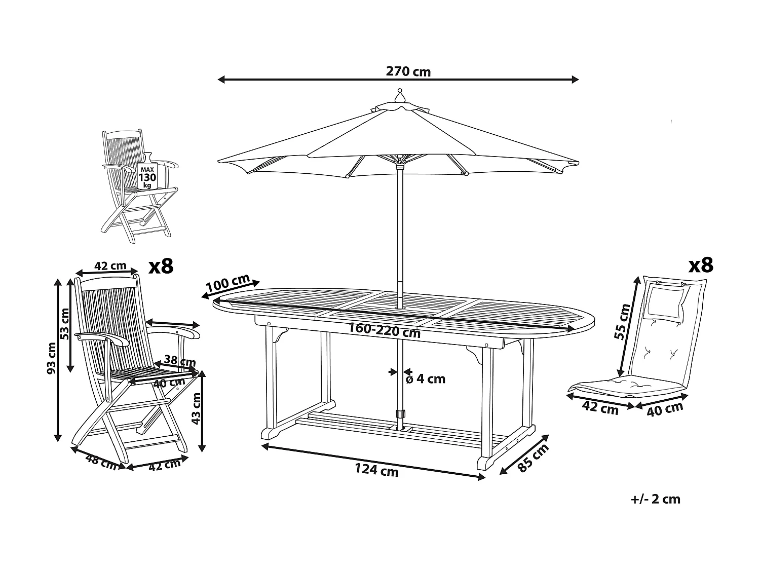 Tuinset 8-zitter MAUI Met parasol Acaciahout Gebroken wit