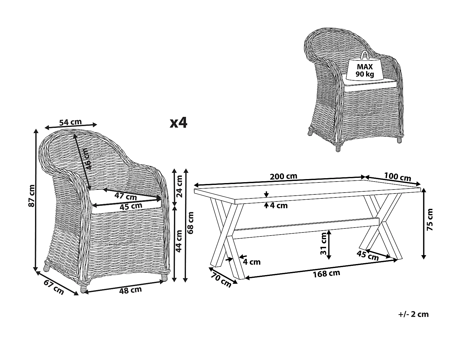 Gartenmöbel Set Rattan Tisch 200x100 cm mit 4 Stühlen Auflagen weiß Susua/Olbia