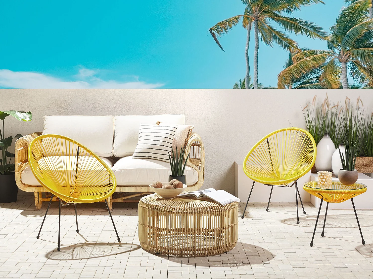 Lustiges Balkonset 2 Stühle mit 1 Tisch Spaghetti-Optik Rattan gelb Acapulco