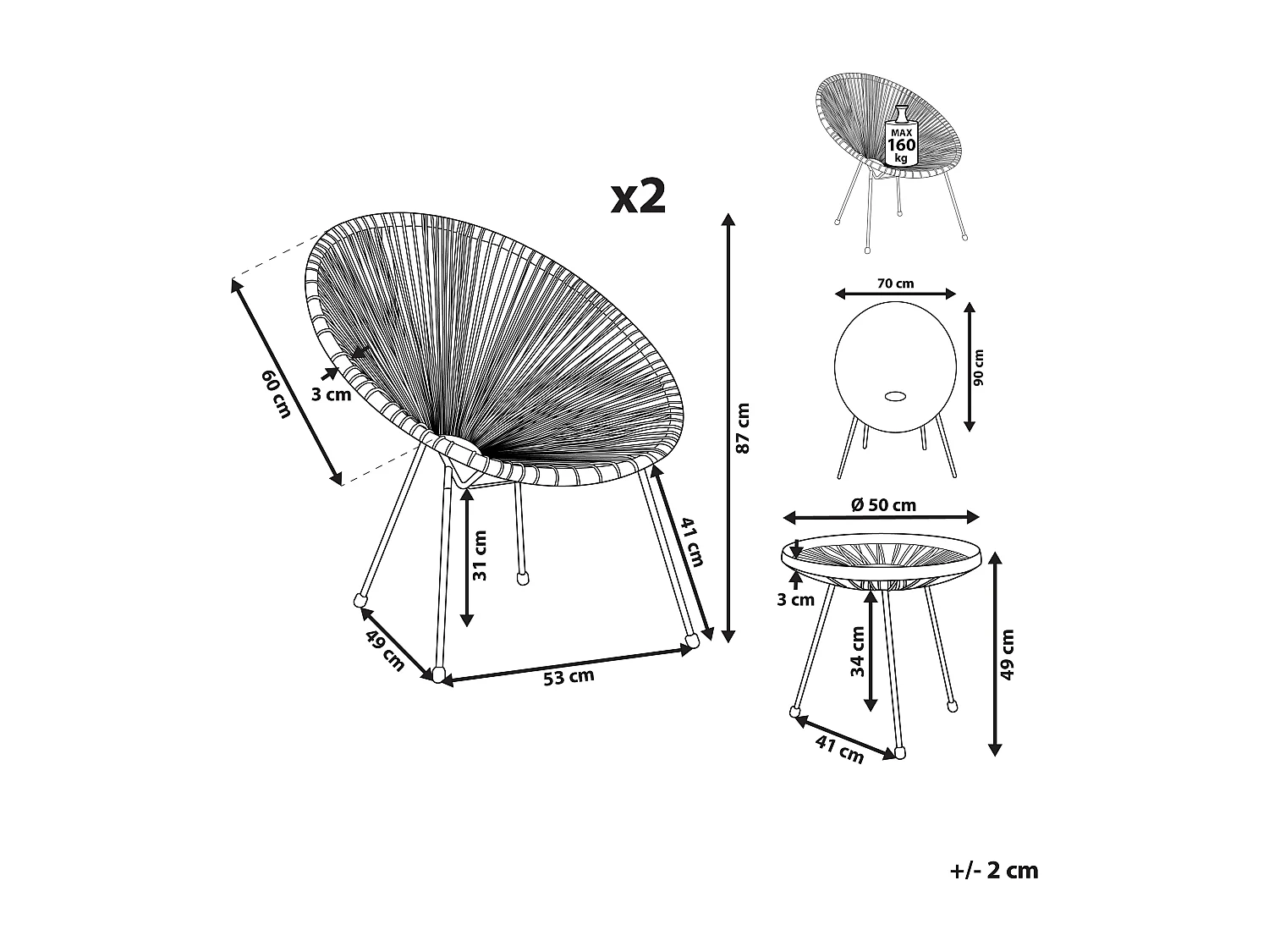 Lustiges Balkonset 2 Stühle mit 1 Tisch Spaghetti-Optik Rattan gelb Acapulco