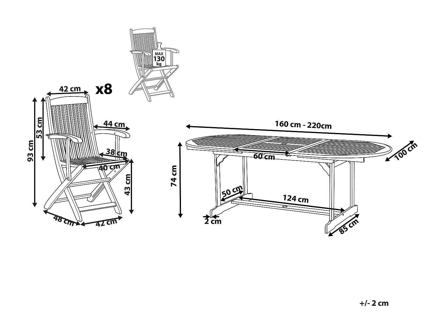 Salle à manger de jardin 8 places MAUI Acacia Marron clair