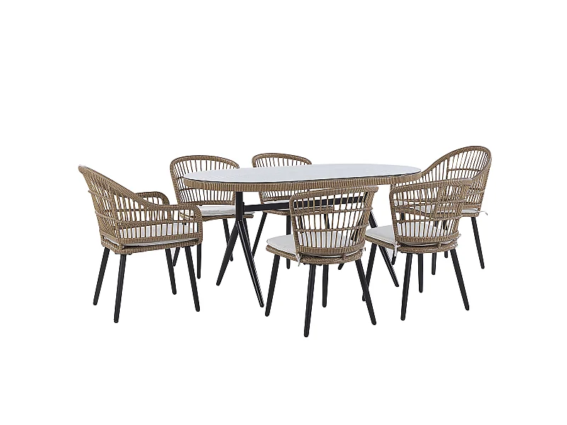 Elegantes Gartenset 6-Sitzer Rattan Auflagen Beige Metalbeine schwarz Aliano II