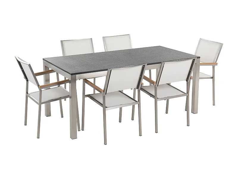 Conjunto de refeições de jardim 6 lugares GROSSETO Granito Polido Preto/Branco