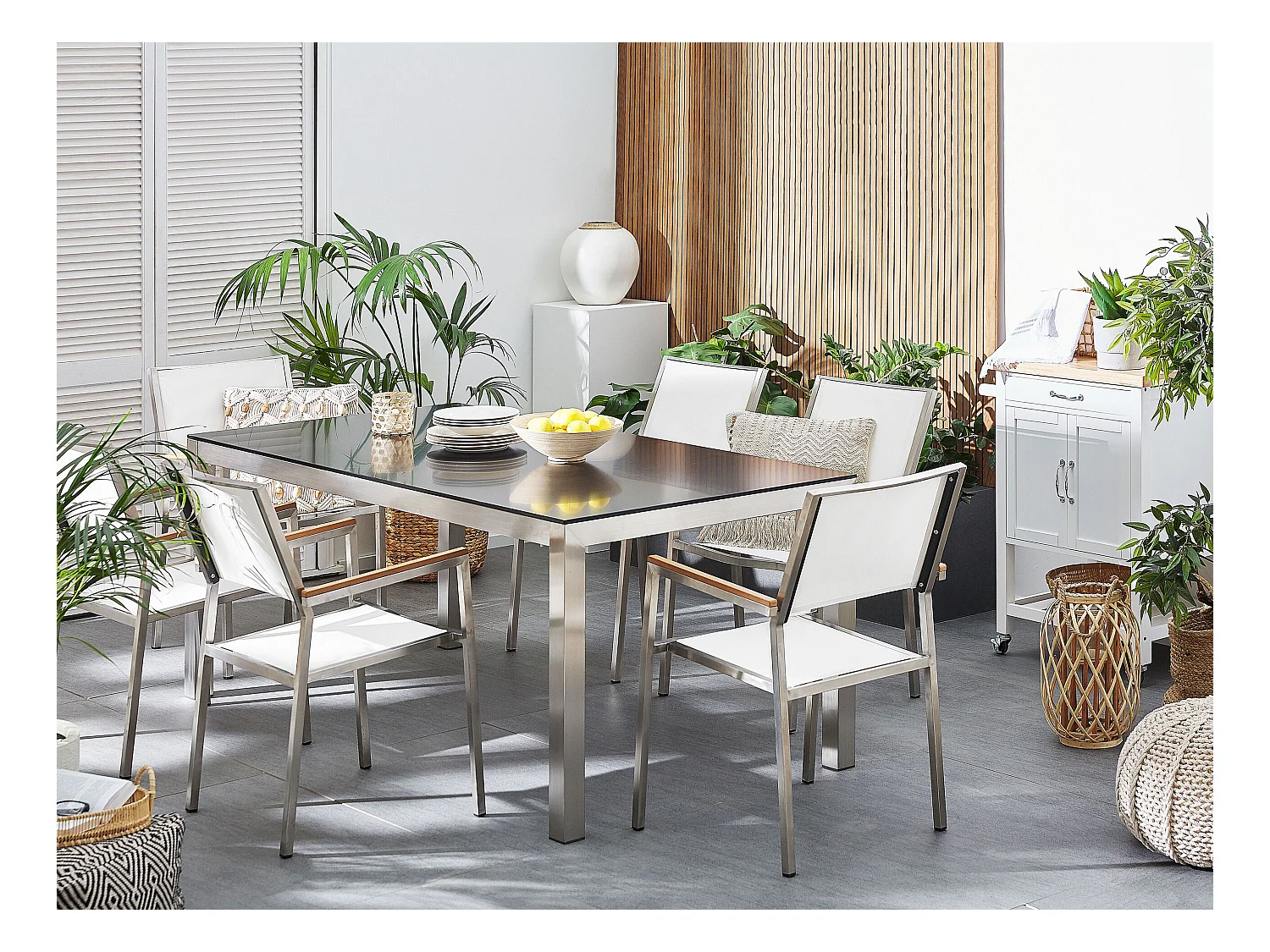 Salle à manger de jardin 6 places GROSSETO Granit Poli Noir/blanc