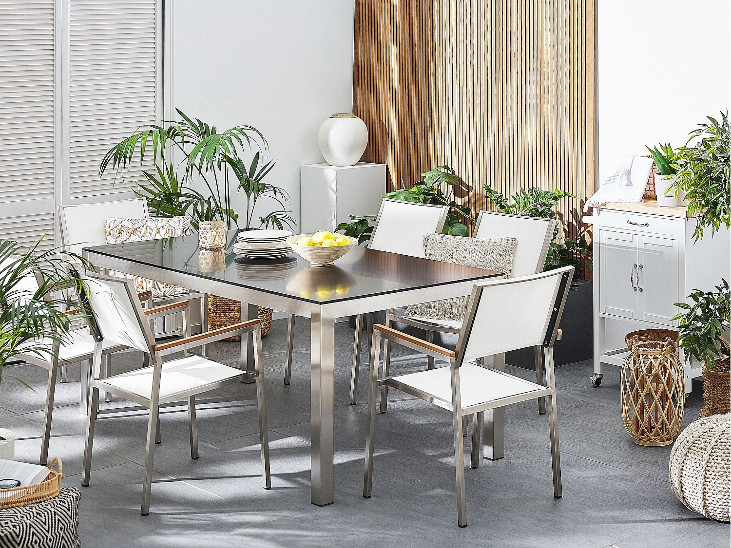 Salle à manger de jardin 6 places GROSSETO Granit Poli Noir/blanc