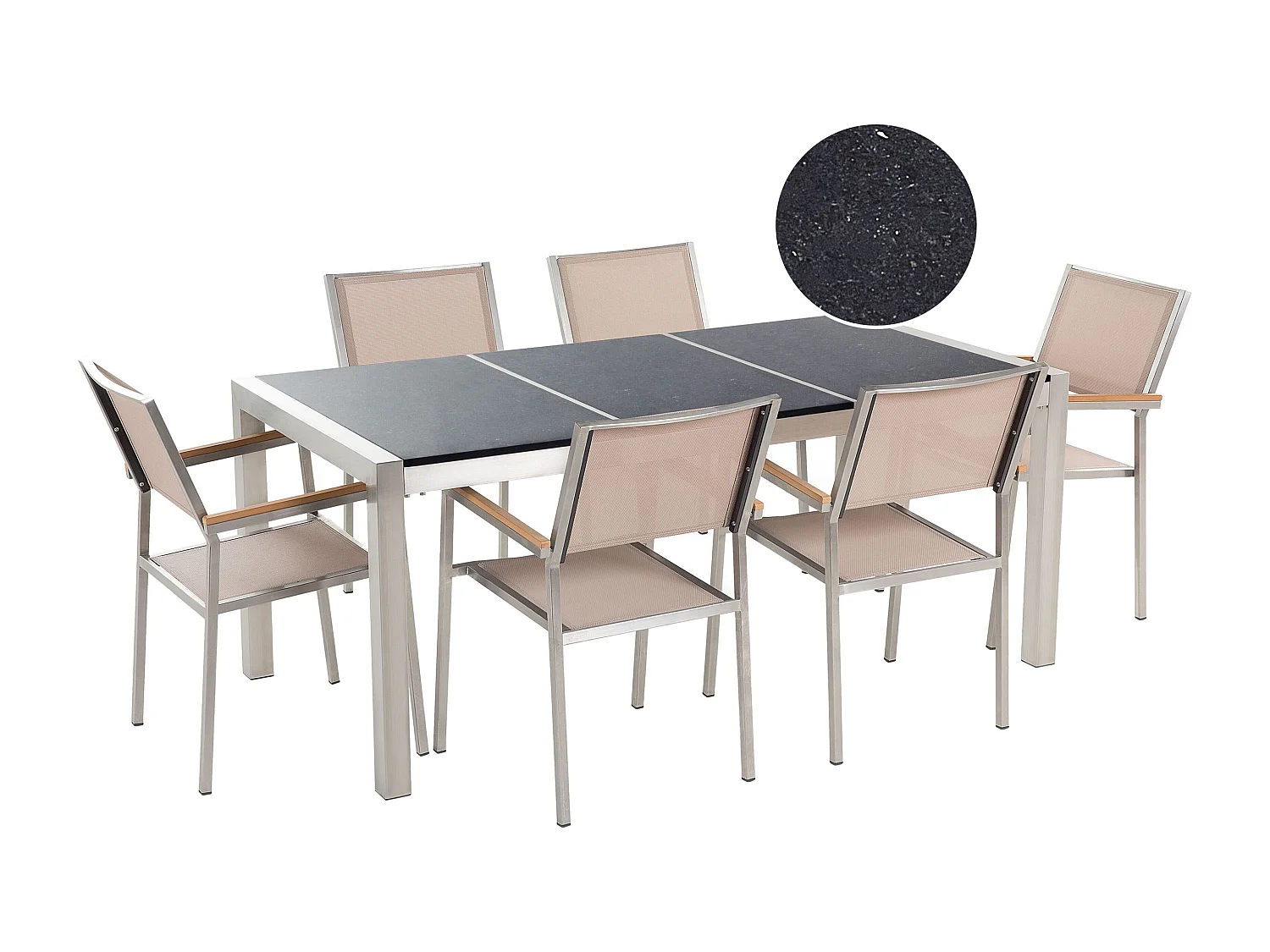 Salle à manger de jardin 6 places GROSSETO Triple plaque Granit Poli Noir/beige