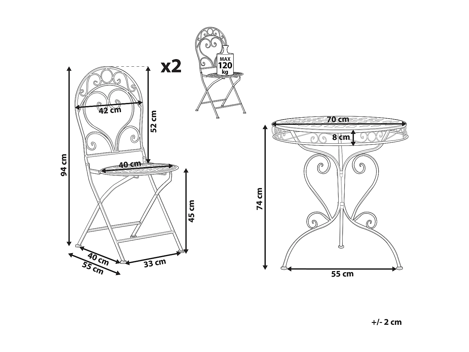 Ensemble bistrot Pliant ALBINIA Métal Rose