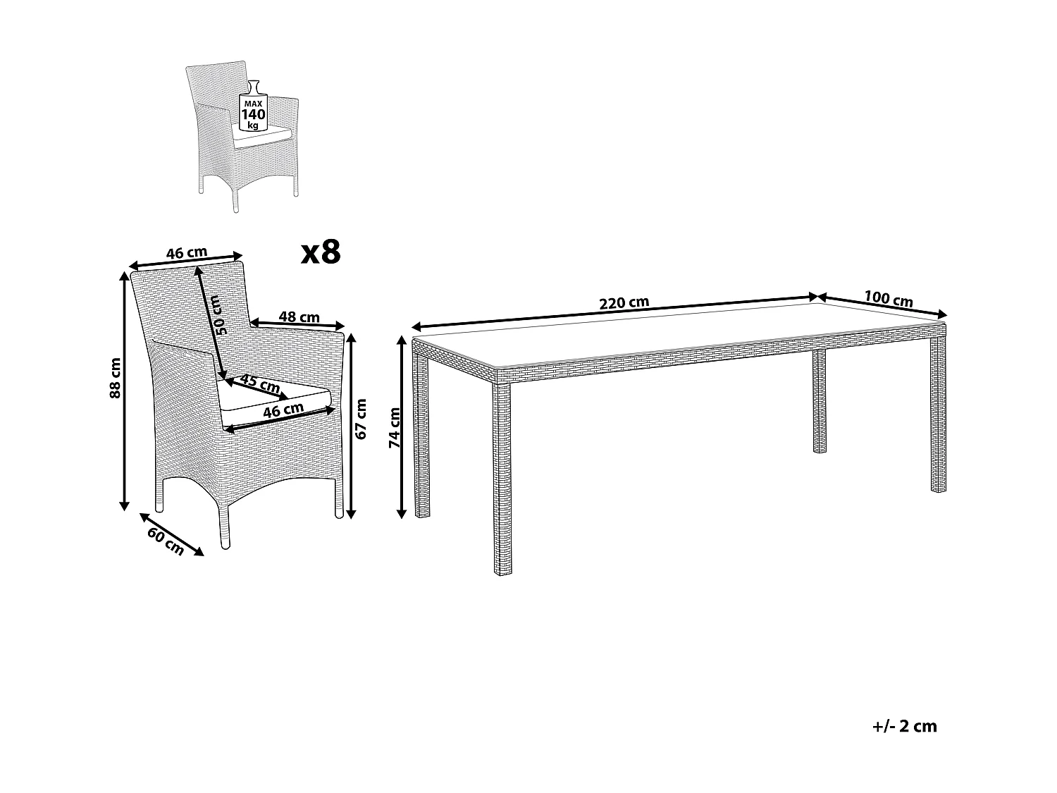 Set da pranzo da giardino 8 posti ITALY con cuscini Marrone