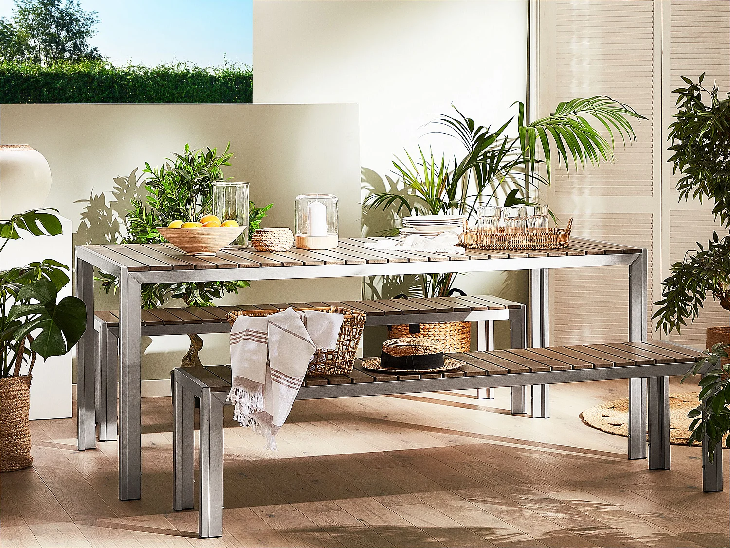 Salle à manger de jardin avec bancs 6 places NARDO Marron