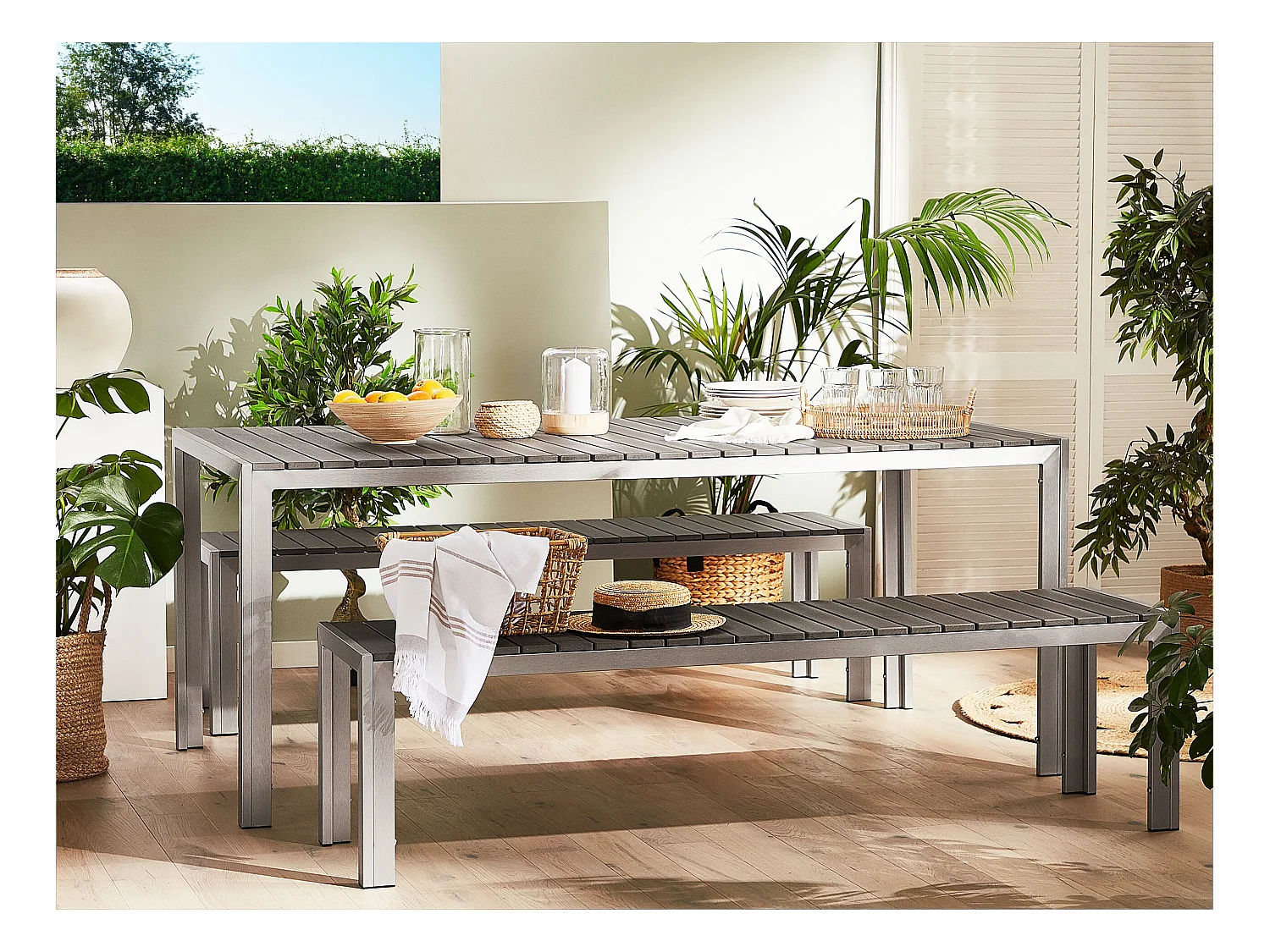 Salle à manger de jardin avec bancs 6 places NARDO Gris