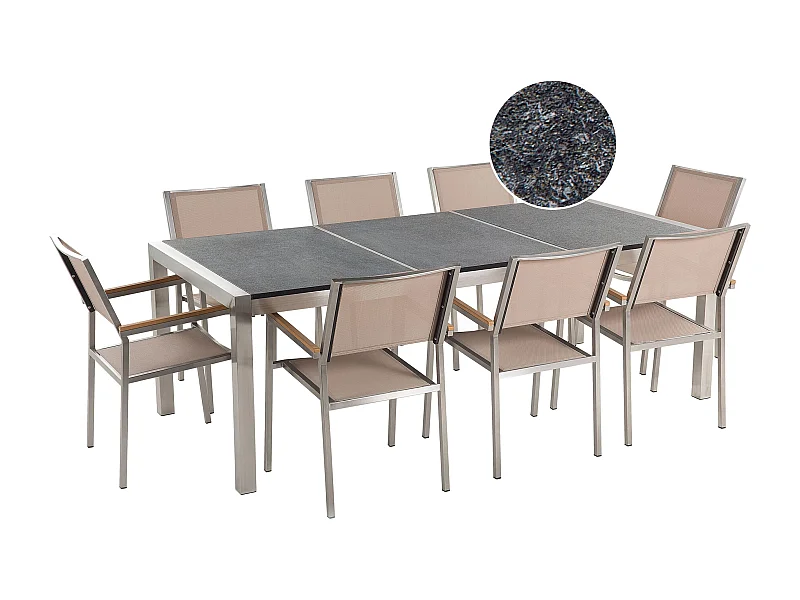 Salle à manger de jardin 8 places GROSSETO Triple plaque Granit Flammé Noir/beige