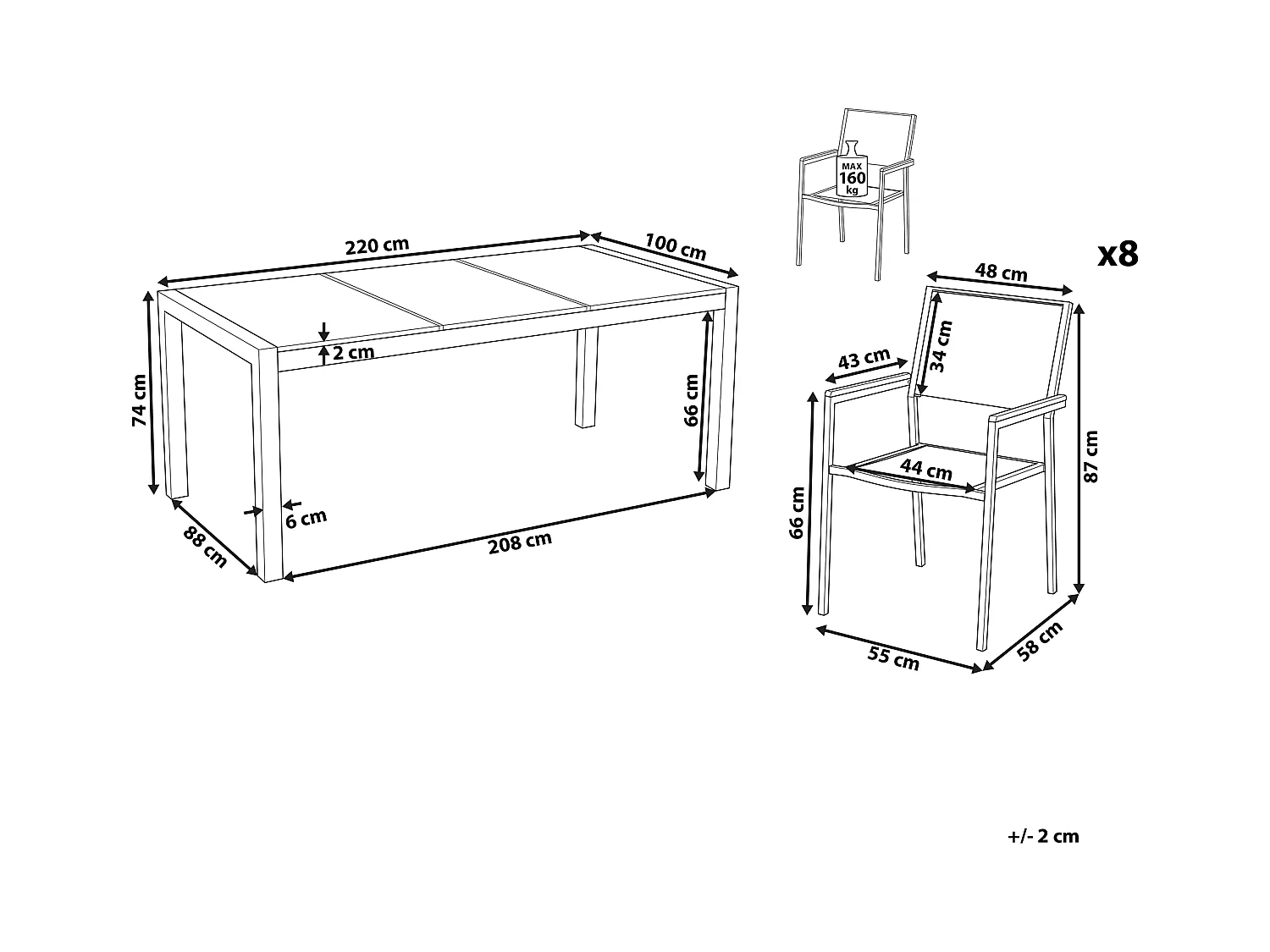 Salle à manger de jardin 8 places GROSSETO Triple plaque Granit Flammé Noir/beige