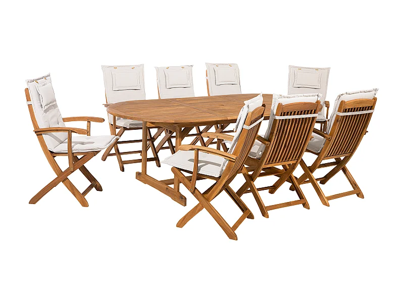 Gartenset Akazienholz hellbraun 8-Sitzer Ausziehtisch Auflagen weiß Maui