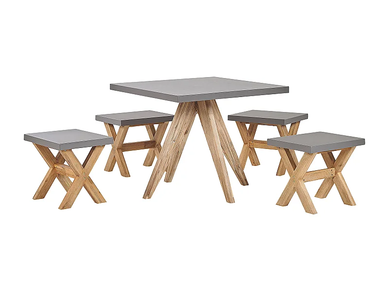 Gartenset Tisch 90x90 cm 4 Hocker Faserzement Akazienholz Rustikal grau Olbia
