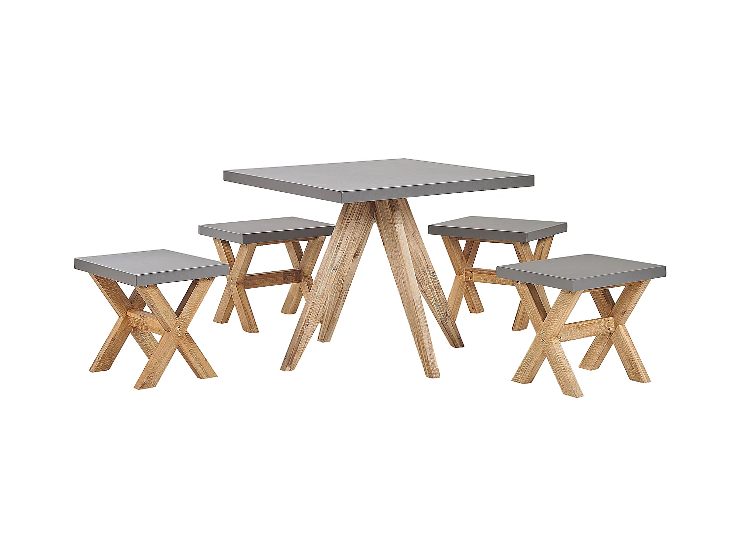 Gartenset Tisch 90x90 cm 4 Hocker Faserzement Akazienholz Rustikal grau Olbia