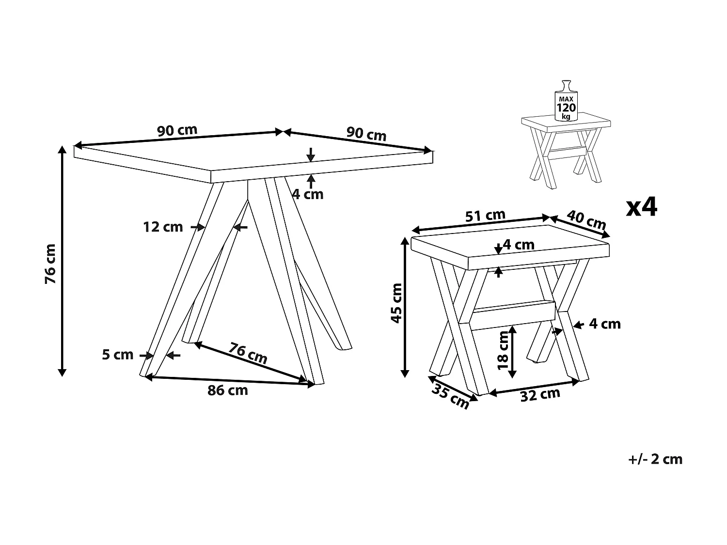 Gartenset Tisch 90x90 cm 4 Hocker Faserzement Akazienholz Rustikal grau Olbia