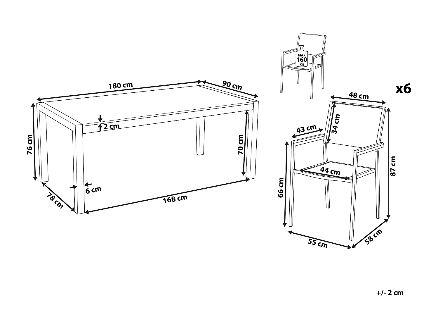 Tuinset 6-zitter GROSSETO Veiligheidsglas Zwart