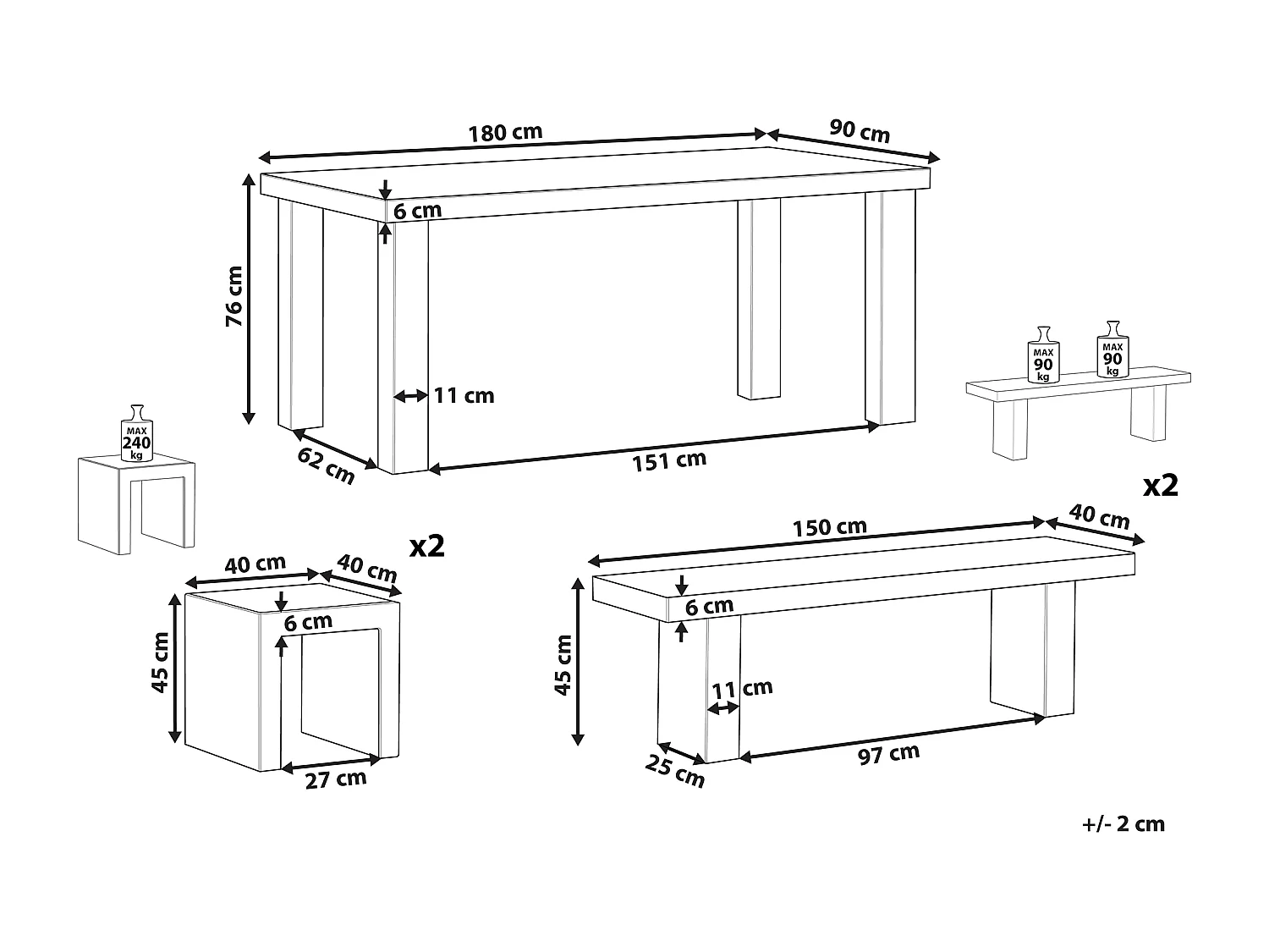Salle à manger de jardin avec bancs et tabourets 6 places TARANTO Béton Gris