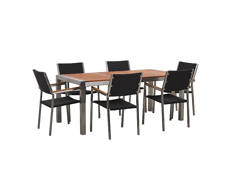 Modernes Gartenmöbel Set Tisch 180 cm Eukalyptusholz 6 Rattanstühle in Schwarz