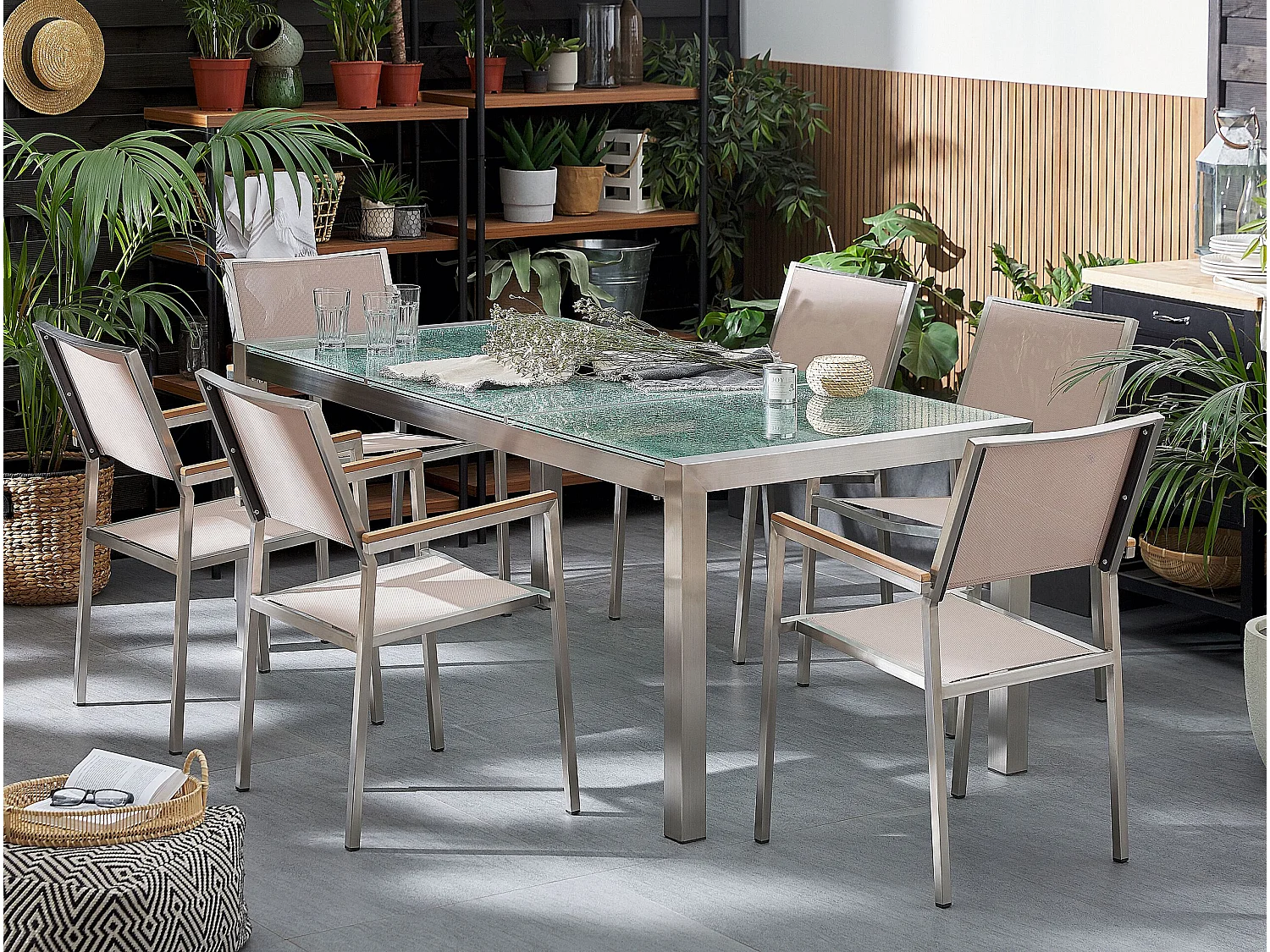 Tuinset 6-zitter GROSSETO Driedubbele plaat Gebarsten glas Transparant/beige