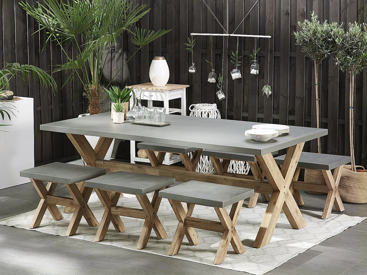 Gartenset Tisch 200x100 cm 6 Hocker Betonplatte Akazienholz Rustikal Olbia