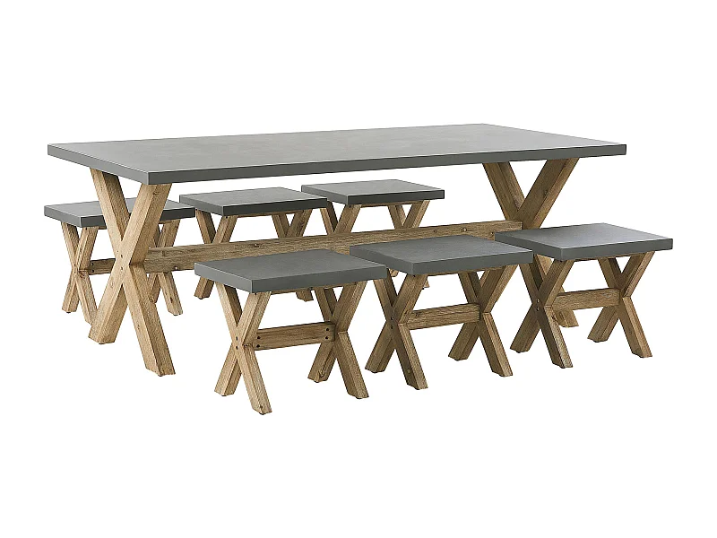 Gartenset Tisch 200x100 cm 6 Hocker Betonplatte Akazienholz Rustikal Olbia