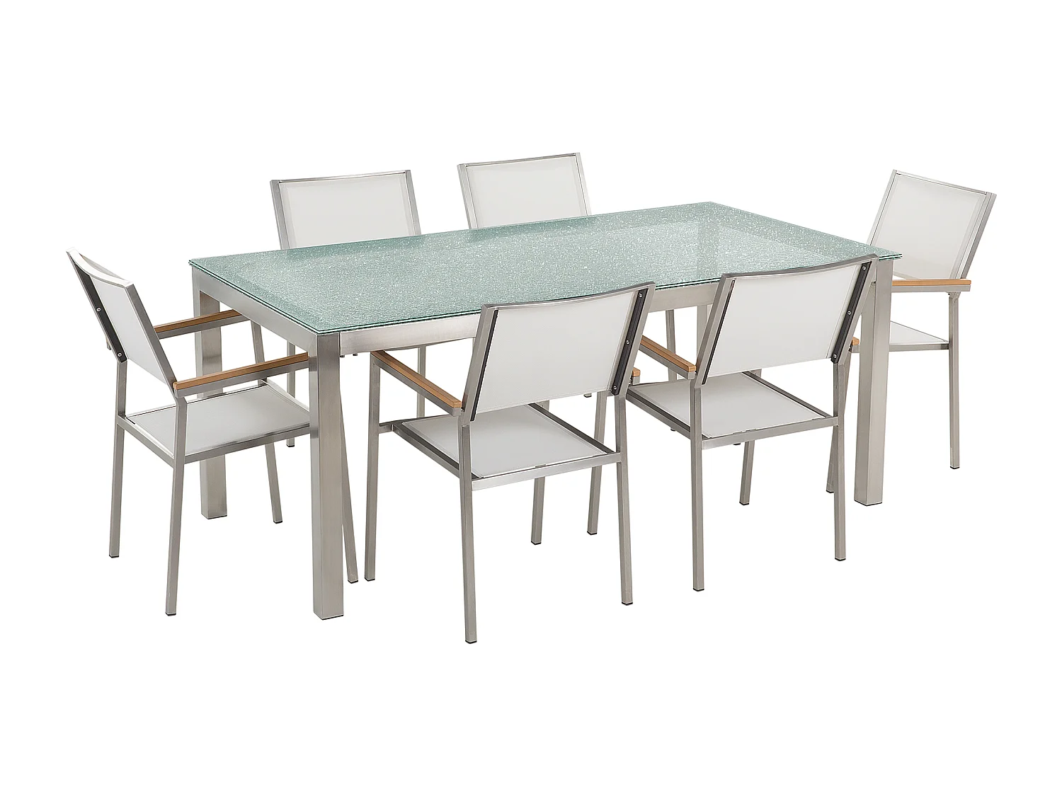 Gartenset Edelstahl Crashglasplatte 180 cm transparent 6 Stühle weiß Grosseto