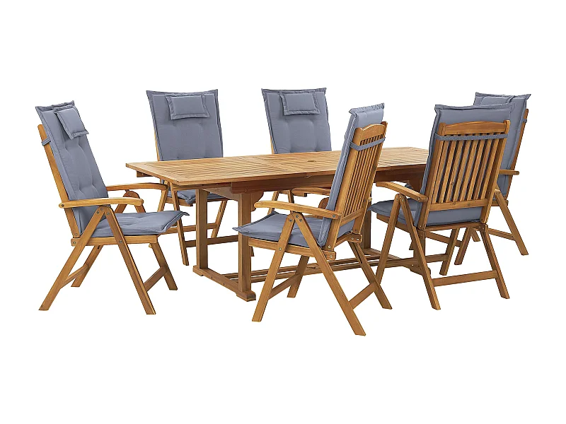 Salle à manger de jardin 6 places JAVA avec coussins Acacia Bleu