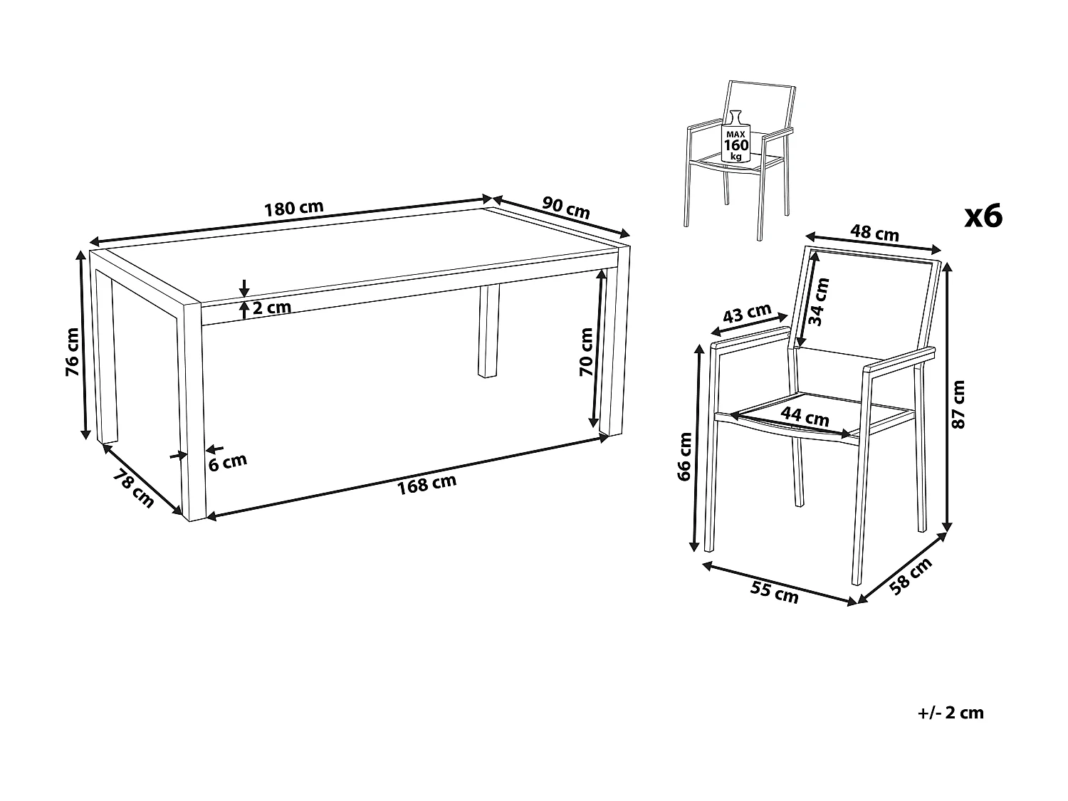 Salle à manger de jardin 6 places GROSSETO Granit Flammé Noir/blanc