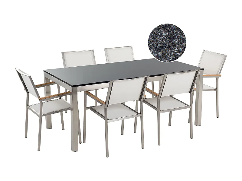 Set da pranzo da giardino 6 posti GROSSETO Granito fiammato Nero/ Bianco