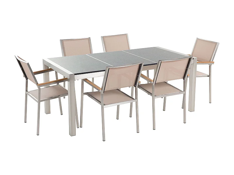 Set da pranzo da giardino 6 posti GROSSETO Piastra tripla Granito Lucido Grigio/ Beige
