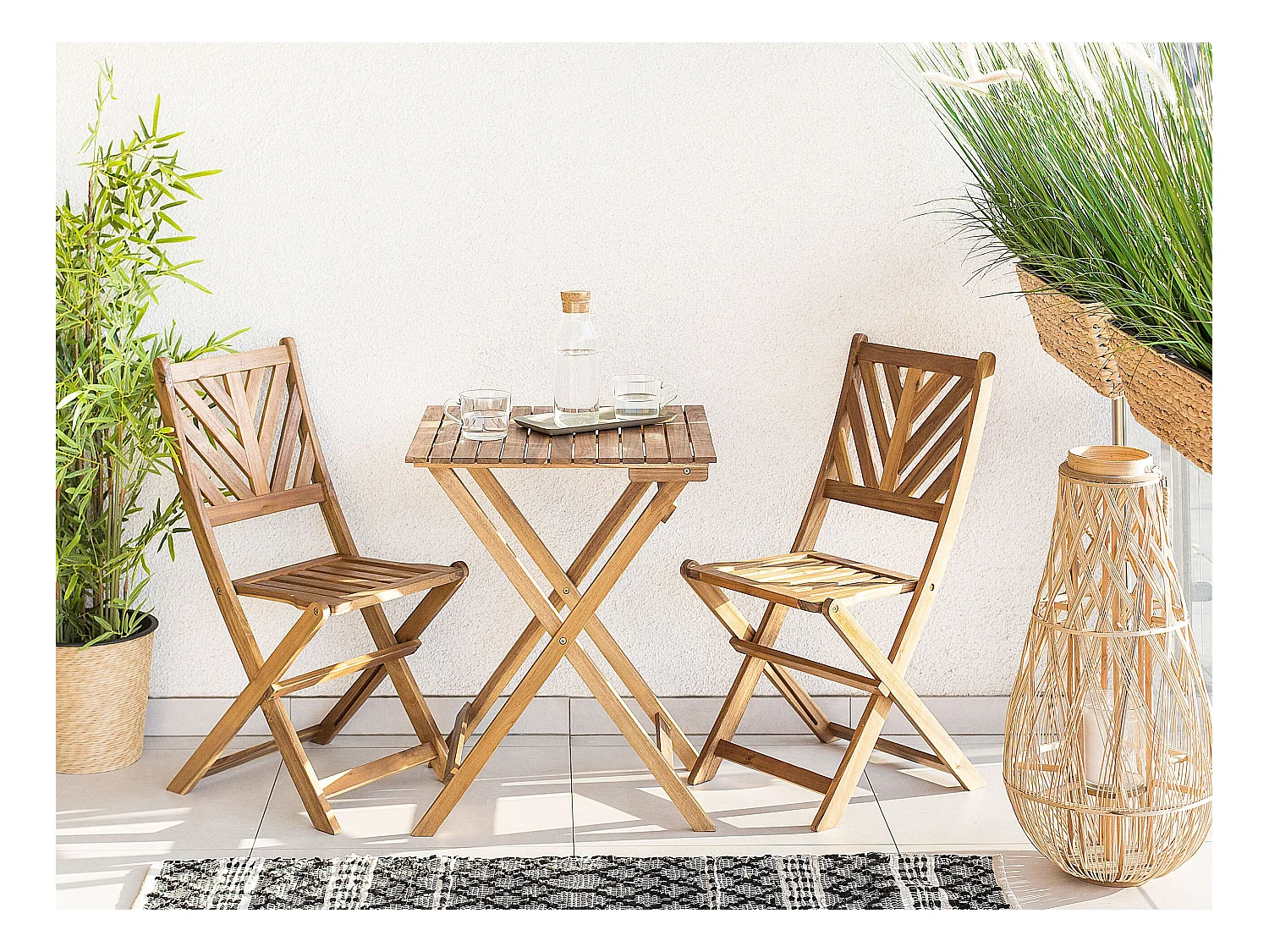 Balkonset hellbraun Akazienholz Tisch quadratisch 58x58 cm mit 2 Stühlen Terni