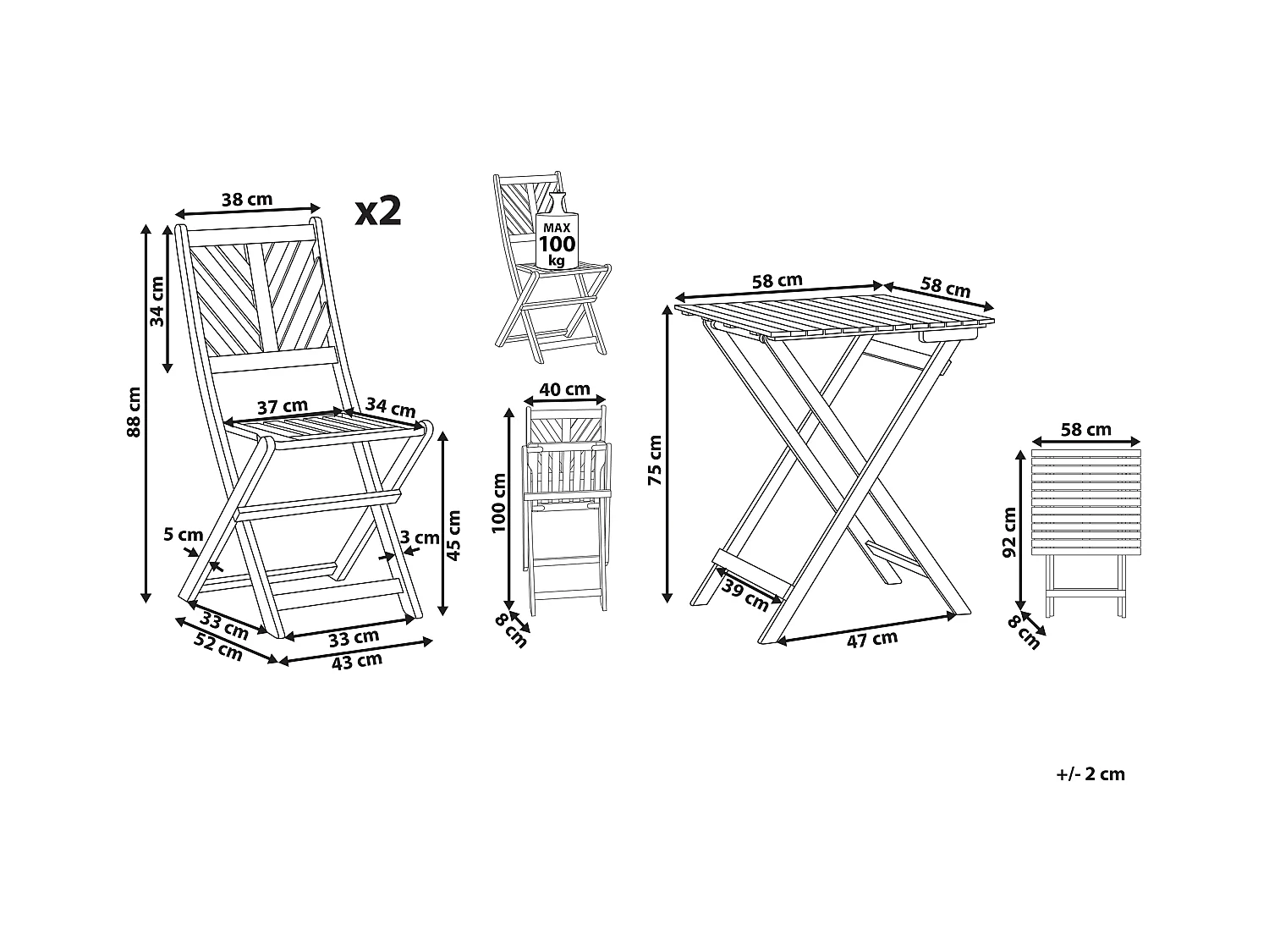 Balkonset hellbraun Akazienholz Tisch quadratisch 58x58 cm mit 2 Stühlen Terni