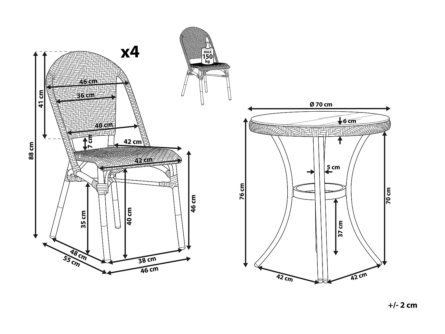 Zestaw ogrodowy z technorattanu stół i 4 krzesła wzór czarno-biały RIFREDDO