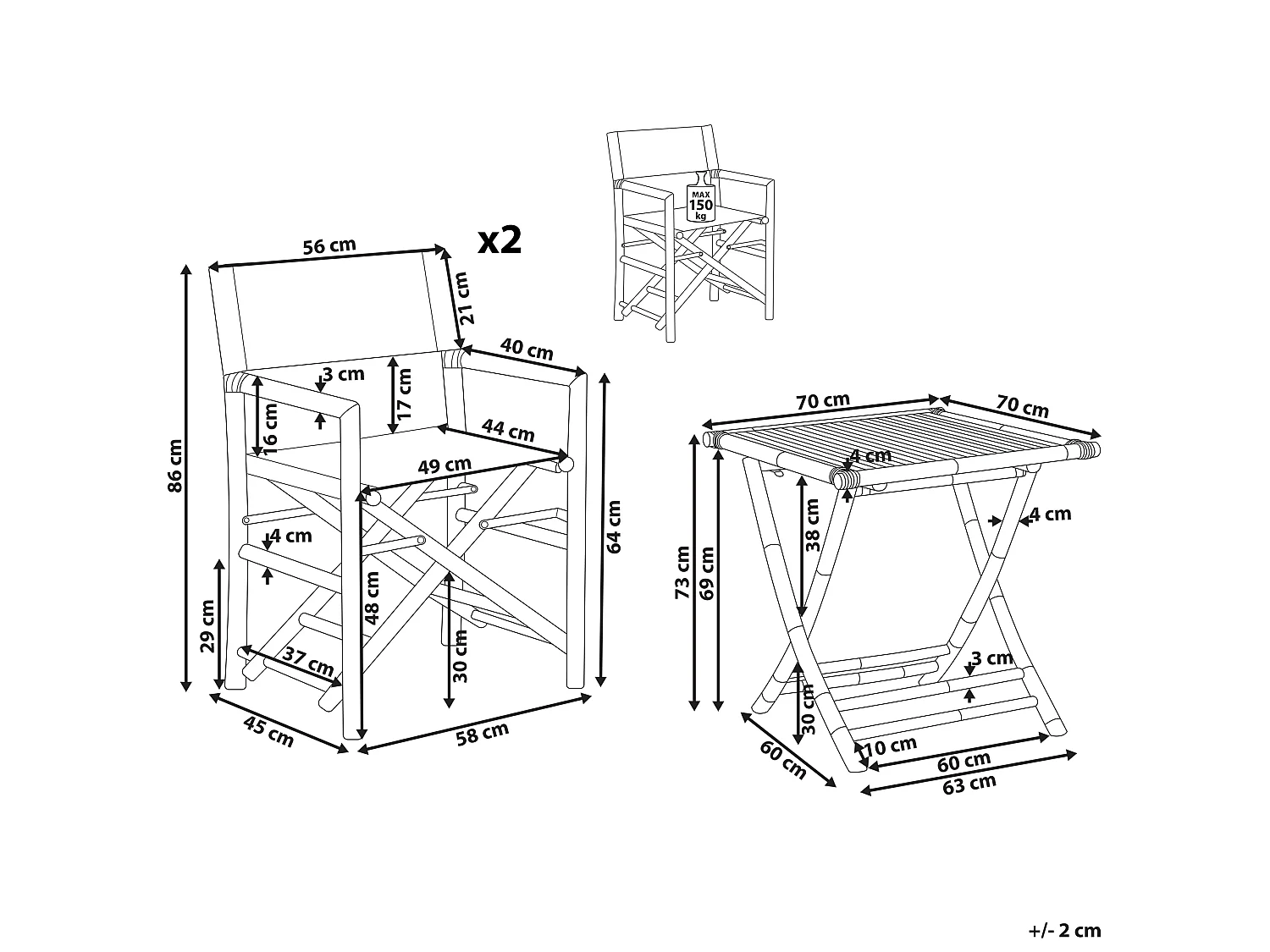 Balkonset 2 Stühle 1 Tisch Bambusholz cremeweiße Textilbespannung Molise