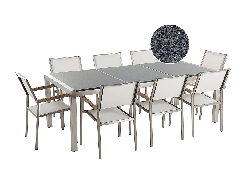 Gartenmöbel Tisch aus Steingemisch grau 8 Stühle in weiß 220 cm Grosseto
