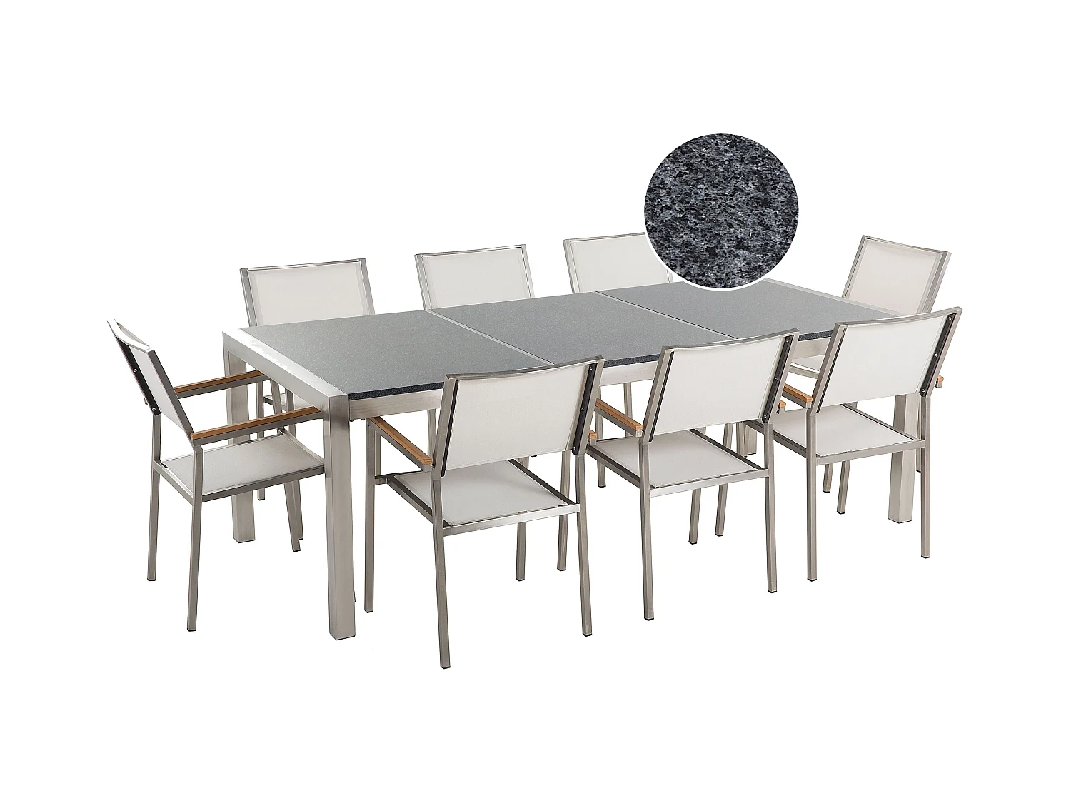 Gartenmöbel Tisch aus Steingemisch grau 8 Stühle in weiß 220 cm Grosseto
