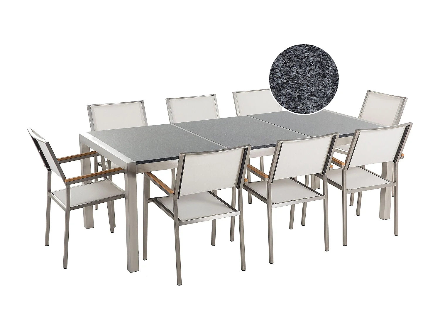 Salle à manger de jardin 8 places GROSSETO Triple plaque Granit Poli Gris/blanc