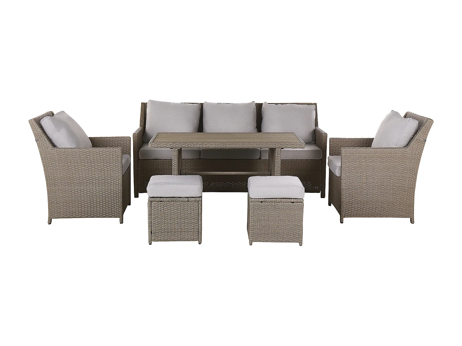 Lounge Set Rattan beige taupe Tisch Hocker Sessel Auflagen grau 5-Sitzer Fonti
