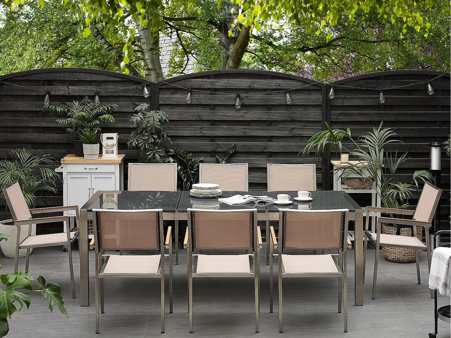 Salle à manger de jardin 8 places GROSSETO Triple plaque Granit Poli Gris/beige