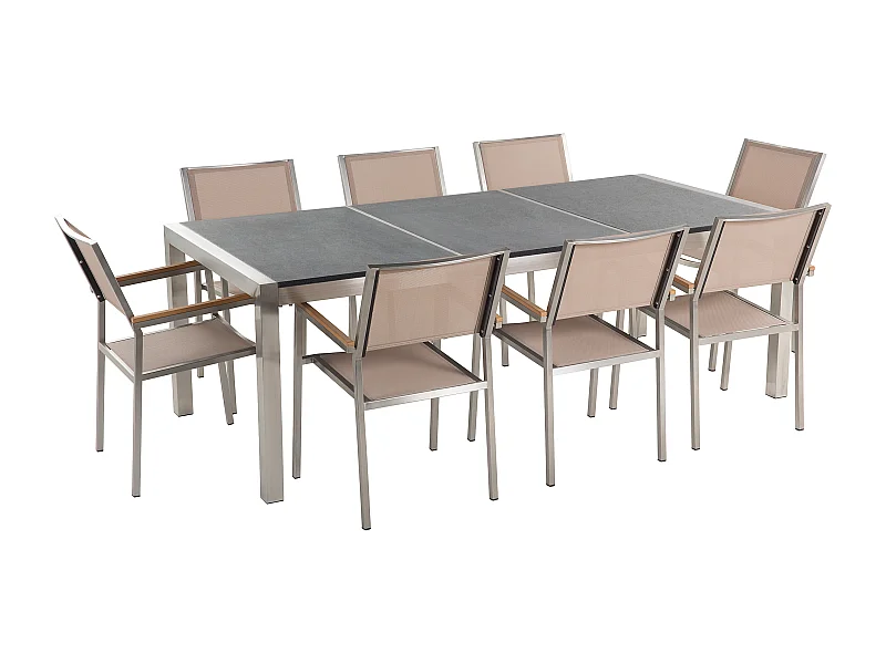 Salle à manger de jardin 8 places GROSSETO Triple plaque Granit Poli Gris/beige